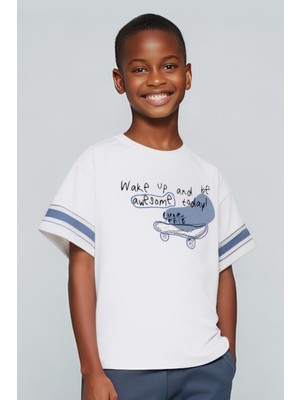 Minojoy Matthew Ekru Mavi Baskılı Pamuklu Oversize Erkek Çocuk Tshirt