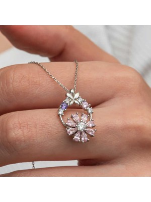 Aya Diamond Gümüş Pembe Dönen Çiçek Kadın Kolye