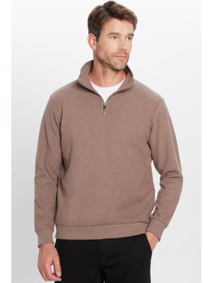 Tudors Relax Fit Rahat Kesim Fitilli Desenli Pamuklu Yarım Fermuarlı Kahverengi Dik Yaka Sweatshirt