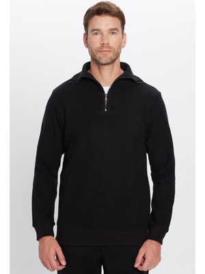 Tudors Relax Fit Rahat Kesim Fitilli Desenli Pamuklu Yarım Fermuarlı Siyah Dik Yaka Sweatshirt