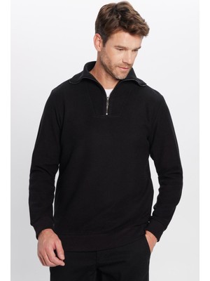 Tudors Relax Fit Rahat Kesim Fitilli Desenli Pamuklu Yarım Fermuarlı Siyah Dik Yaka Sweatshirt