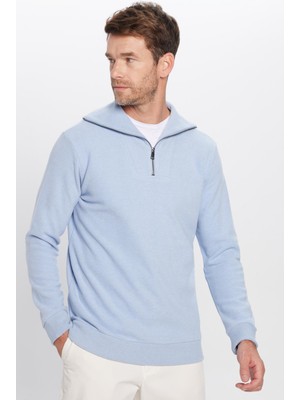 Tudors Relax Fit Rahat Kesim Fitilli Desenli Pamuklu Yarım Fermuarlı Mavi Dik Yaka Sweatshirt