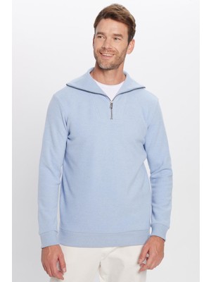 Tudors Relax Fit Rahat Kesim Fitilli Desenli Pamuklu Yarım Fermuarlı Mavi Dik Yaka Sweatshirt