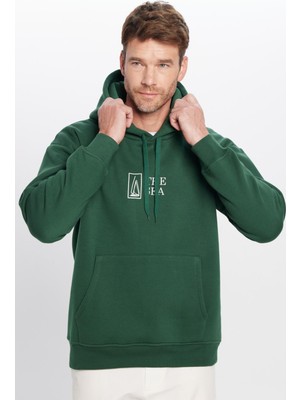 Tudors Oversize Geniş Kesim Pamuklu Yumuşak Dokulu Içi Polarlı Baskılı Yeşil Kapüşonlu Sweatshirt