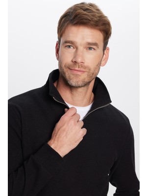 Tudors Unisex Relax Fit Rahat Kesim Fitilli Pamuklu Yarım Fermuarlı Siyah Dik Yaka Sweatshirt