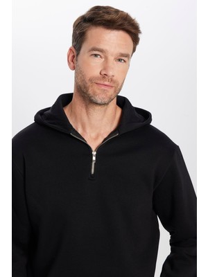 Tudors Relax Fit Rahat Kesim Pamuklu Içi Polarlı Yarım Fermuarlı Siyah Kapüşonlu Sweatshirt