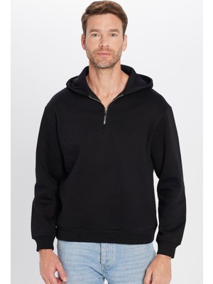 Tudors Relax Fit Rahat Kesim Pamuklu Içi Polarlı Yarım Fermuarlı Siyah Kapüşonlu Sweatshirt