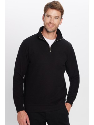 Tudors Relax Fit Rahat Kesim Pamuklu Yarım Fermuarlı Siyah Dik Yaka Sweatshirt