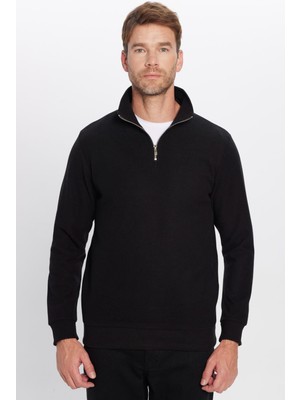 Tudors Relax Fit Rahat Kesim Pamuklu Yarım Fermuarlı Siyah Dik Yaka Sweatshirt