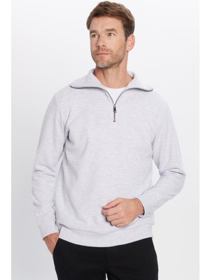 Tudors Relax Fit Rahat Kesim Fitilli Desenli Pamuklu Yarım Fermuarlı Gri Dik Yaka Sweatshirt