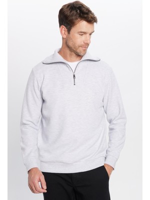 Tudors Relax Fit Rahat Kesim Fitilli Desenli Pamuklu Yarım Fermuarlı Gri Dik Yaka Sweatshirt