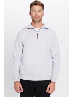 Tudors Relax Fit Rahat Kesim Fitilli Desenli Pamuklu Yarım Fermuarlı Gri Dik Yaka Sweatshirt