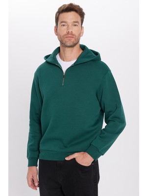 Tudors Relax Fit Rahat Kesim Pamuklu Içi Polarlı Yarım Fermuarlı Haki Kapüşonlu Sweatshirt