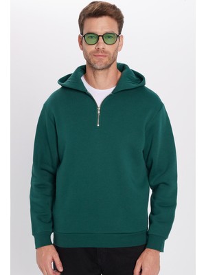 Tudors Relax Fit Rahat Kesim Pamuklu Içi Polarlı Yarım Fermuarlı Haki Kapüşonlu Sweatshirt