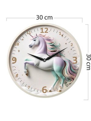 Furya Unicorn Desenli Saat Çocuk Duvar Saati Çocuk Odası Dekoratif Duvar Saati 30CM Ahşap Akar Mekanizmalı