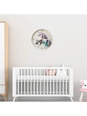 Furya Unicorn Desenli Saat Çocuk Duvar Saati Çocuk Odası Dekoratif Duvar Saati 30CM Ahşap Akar Mekanizmalı