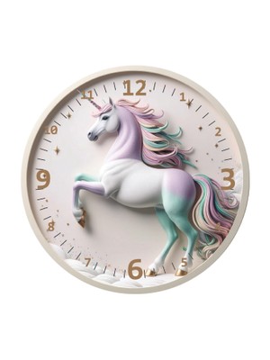 Furya Unicorn Desenli Saat Çocuk Duvar Saati Çocuk Odası Dekoratif Duvar Saati 30CM Ahşap Akar Mekanizmalı