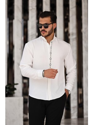 Miron Beyaz Nakışlı Aerobin Kumaş Uzun Kollu Regular Fit Gömlek - 2424