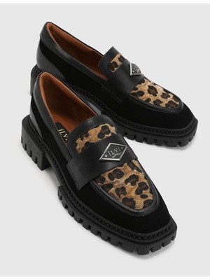 İLVİ Edda  Süet Deri Kadın Siyah Leopar Loafer Ayakkabı