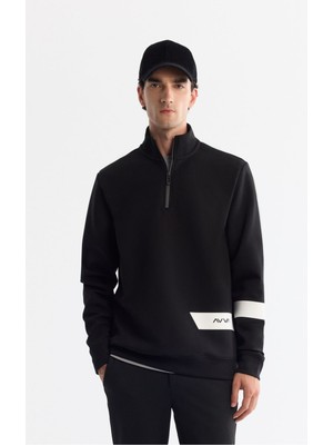 AVVA Erkek Siyah Dik Yaka Pamuklu Baskılı Elastan Sweatshirt A42Y1202