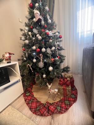 Yılbaşı 90 cm Ağaç Örtüsü Ekoseli Fırfırlı Etek Ortası Jüt Kumaş Yeniyıl Noel Christmas Dekor