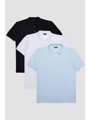 Erkek 3'lü Paket Siyah-Mavi-Beyaz Slim Fit Dar Kesim Pamuklu Düz Pike Polo Yaka Tişört