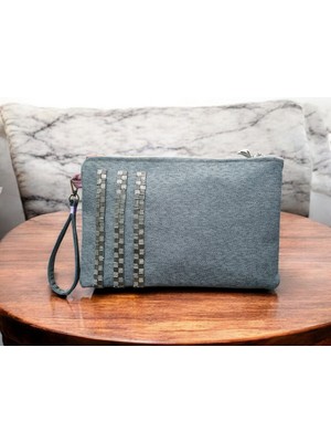 Vertiginoso Gri Boncuk Işlemeli Kadın Portföy Clutch El Çantası