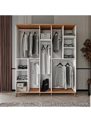 GuneyStore Ücretsiz Montaj - 100% MDF Bohem 5 Kapaklı Beyaz Gardırop - MDF Dolap - Elbise Dolabı