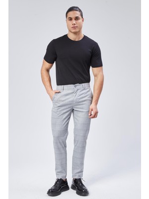 Erkek Beli Lastikli Slim Fit Ekoseli Gri Pantolon