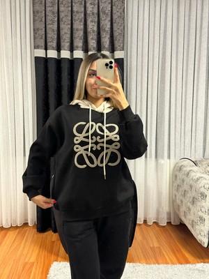 Shine & Style Muadil Işleme Detay Siyah Kapüşonlu Sweatshirt