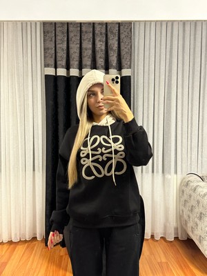 Shine & Style Muadil Işleme Detay Siyah Kapüşonlu Sweatshirt