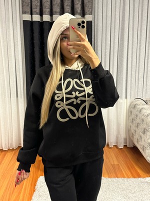 Shine & Style Muadil Işleme Detay Siyah Kapüşonlu Sweatshirt