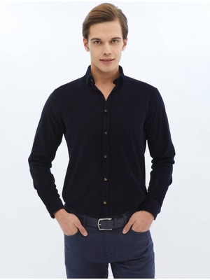 Kip Lacivert Fitilli Regular Fit Dokuma Kadife Casual %100 Pamuk Gömlek