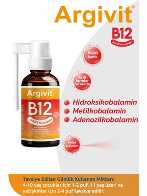 Argivit Active Plus B12 Vitamin (Metilkobalamin, Hidroksikobalamin ve Adenozilkobalamin) Sprey 30 ml