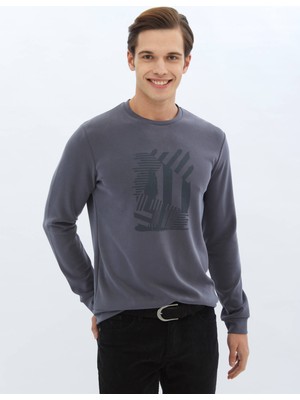 Kip Gri Bisiklet Yaka Baskılı Sweatshırt