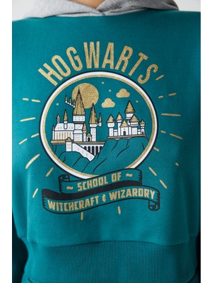 Petrol Yeşili Harry Potter Baskılı Kapüşonlu Sweatshirt