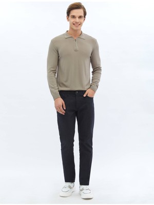 Lacivert Dokuma Slim Fit Casual Pamuk Karışımlı Pantolon