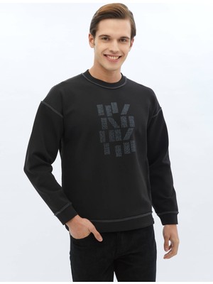 Kip Siyah Bisiklet Yaka Baskılı Çift Taraflı Sweatshırt