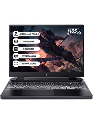 Acer NITRO16 R7 7840HS 64 GB 512 GB SSD Rtx 4070-8 GB Freedos 16" Wqxga 165 Hz Taşınabilir Bilgisayar NH.QLJEY.003-64