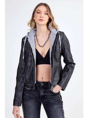 Kapüşonlu Suni Deri Crop Biker Ceket