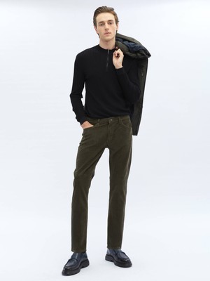 Kip Haki Dokuma Slim Fit Kadife Casual Pamuk Karışımlı Pantolon