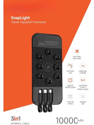 10.000 Mah Vakumlu Wireless Powerbank Dahili Çoklu Kablo  3in1 Kablolu ve Kablosuz