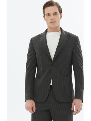 Kip Haki Çizgili Modern Fit Takım Elbise