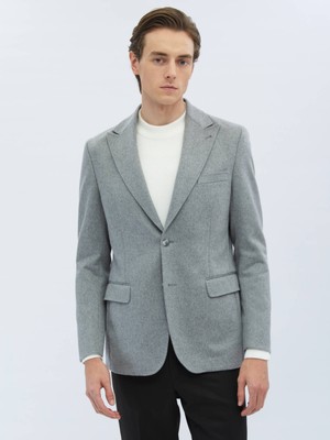 Kip Gri Düz Modern Fit Yün Karışımlı Ceket