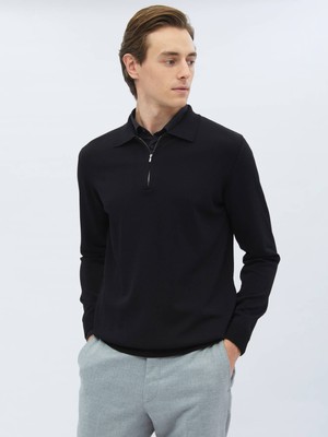 Kip Siyah Polo Yaka Düz Örgü Triko Kazak