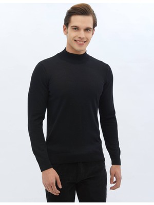 Kip Siyah Yarım Balıkçı Yaka Düz Örgü Yün Karışımlı Triko Kazak