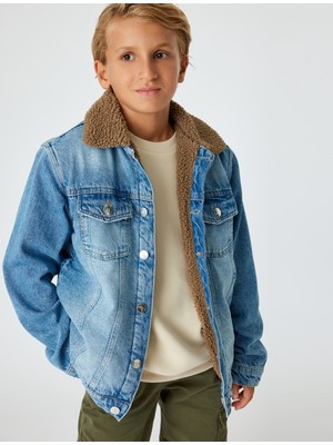 Koton Lacivert Kot Ceket Peluş Detaylı Uzun Kollu Erkek Çocuk Günlük Modern Stil