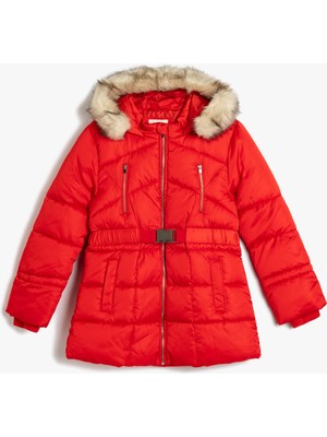 Koton Kız Çocuk Şişme Kaban Kırmızı Suni Kürk Detaylı Kapşonlu Uzun Kol Cepli
