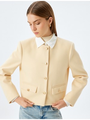 Koton Crop Blazer Ceket Yakasız Kapaklı Çift Cep Detaylı Slim Fit
