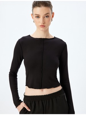 Koton Viskon Dikiş Detaylı Uzun Kollu Bisiklet Yaka Tişört